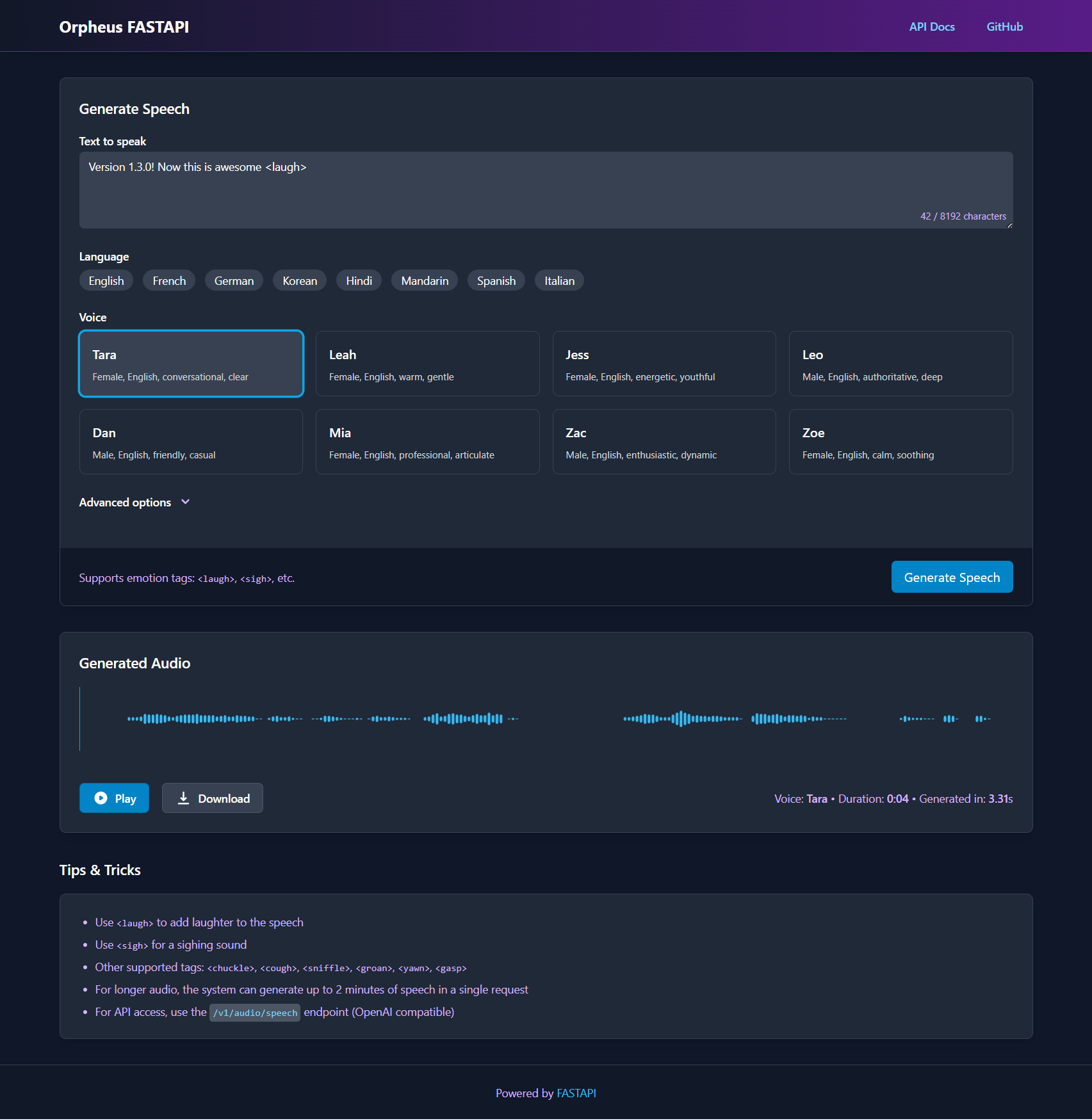 Github shaakz orpheus fastapi high performance text to speech server